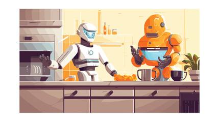 Kitchen with futuristic robot aiding in culinary