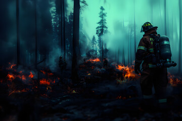 Illustration of firefighters extinguishing a forest fire.