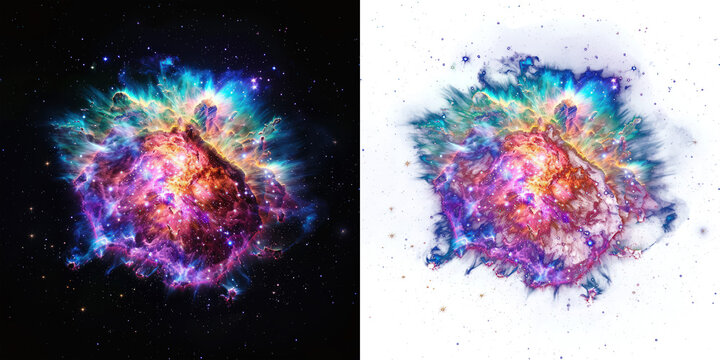 radiant cosmic nova iridescent colors bursts supernova supernova sci-fi stars against black and isolated alpha transparent background