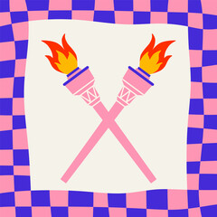 Abstract groovy aesthetic background with torch. Fire symbol of competition victory, championship. Vector Y2k illustration.