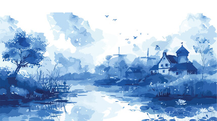 Landscape in blue colours in style of traditional