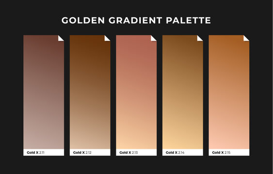 Golden color palette. Gold, copper, bronze gradient palette template. Collection palette of colorful metallic gradient illustrations for background, texture. Realistic gold metal. Vector illustration