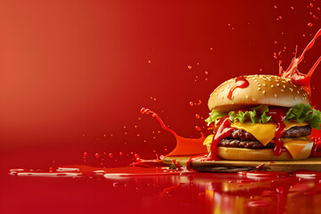 Classic cheeseburger splashed on a wall or a board with dripping ketchup and mayonnaise sauce dripping