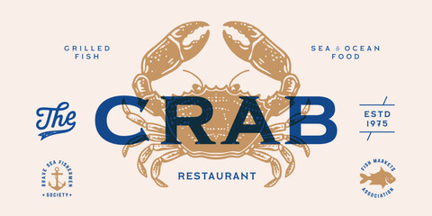 Crab, seafood, sketch. Vintage retro print, seafood crab sketch, logo sign template, ink pencil style drawing, engrave old school. Sketch artwork crab, template sign, logo, symbol. Vector Illustration