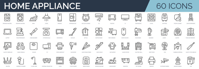 Set of 60 outline icons related to home appliance. Linear icon collection. Editable stroke. Vector illustration