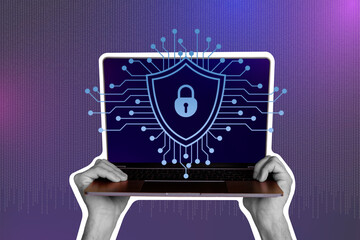 Trend 3D photo collage composite of black white silhouette hand hold huge laptop cyber data dark internet locked monitor false password