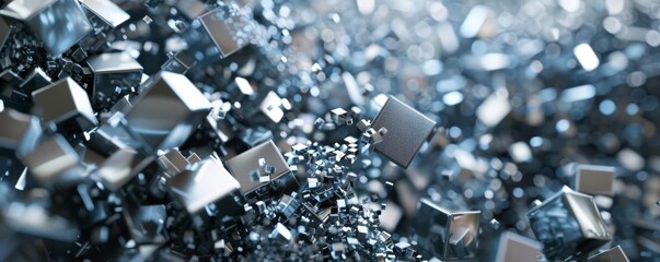 Dynamic digital illustration of exploding cubes in metallic shades on a horizontal plane