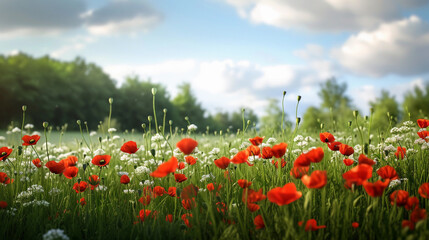 Fototapeta premium Sunlit Red Poppies in Lush Green Field