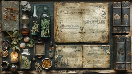 Medieval Witchcraft: Capture images of medieval witches, potions, spell books, and mystical rituals to illustrate beliefs in witchcraft and the occult - obrazy, fototapety, plakaty