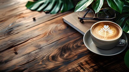 coffee with foam, book, glasses, plant on wooden table, flatlay, dark background, realistic, - Powered by Adobe
