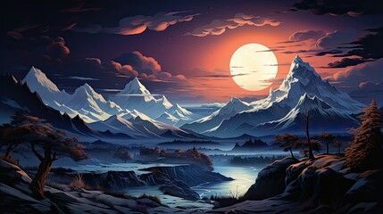 A fantastical illustration of majestic snow-capped mountains overlooking a serene lake. Immerse yourself in the enchanting beauty of this fantasy landscape, Generative AI.