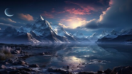 A fantastical illustration of majestic snow-capped mountains overlooking a serene lake. Immerse yourself in the enchanting beauty of this fantasy landscape, Generative AI.