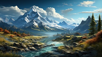 A fantastical illustration of majestic snow-capped mountains overlooking a serene lake. Immerse yourself in the enchanting beauty of this fantasy landscape, Generative AI.