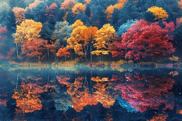 A vibrant autumn scene with colorful trees reflected in a tranquil lake, enveloped in a mystical atmosphere.