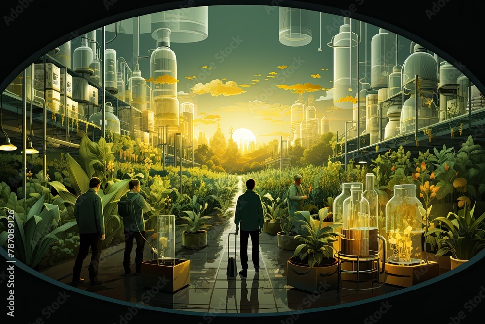 Aufkleber Immerse in a laboratory setting featuring fermentation reactors and scenes of plant genetic engineering. Reflecting cutting-edge research in agricultural science, Generative AI.