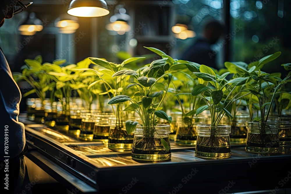 Aufkleber Immerse in a laboratory setting featuring fermentation reactors and scenes of plant genetic engineering. Reflecting cutting-edge research in agricultural science, Generative AI.