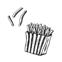 French fries in striped paper bag.  Fast food and junk food. Vector isolated illustration. Sketch style.