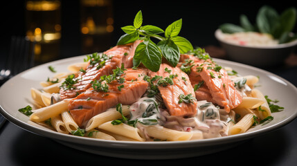 Penne pasta with salmon, cream sauce and basil close-up side view