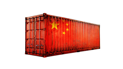 flag of China printed on a cargo container for trade economy concept red color rusty big long container isolated on a transparent