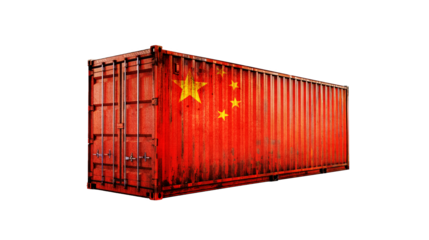 flag of China printed on a cargo container for trade economy concept red color rusty big long container isolated on a transparent