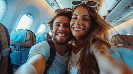 A happy couple in sunglasses boarding a plane about to go on vacation. AI Generated