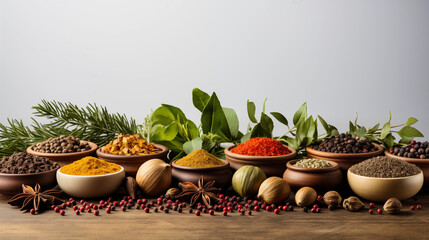 Set of various spices on white background with copy space