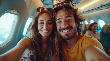 A happy couple in sunglasses boarding a plane about to go on vacation. AI Generated