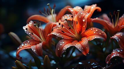 Orange lily flowers with water drops on dark background