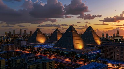 Pyramids in the middle of a futuristic city - obrazy, fototapety, plakaty