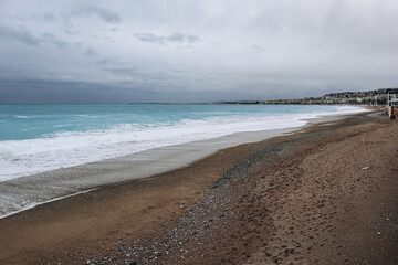 Beaches of Nice immediately after the storm, covered with sand