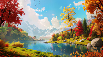 Autumn fall landscape with lake and mountains serene beautiful peaceful calm nobody natural...