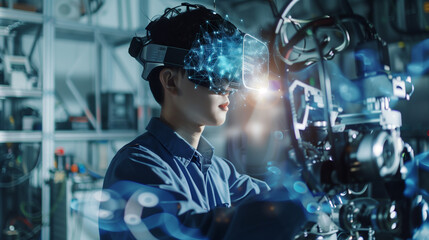A man in a blue jacket is wearing a virtual reality headset and is interacting with a computer screen. Concept of futuristic technology and the potential for immersive experiences
