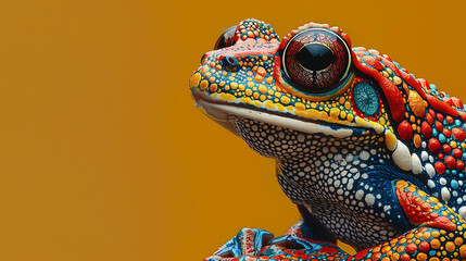 Close-up eyes of a curious and attractive and multicolored frog. - obrazy, fototapety, plakaty