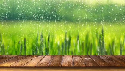 Foto op Canvas Countryside Vista: Perspective Wooden Board with Raindrops and Farm © Rahain