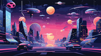 A futuristic cityscape with holographic advertisement - obrazy, fototapety, plakaty