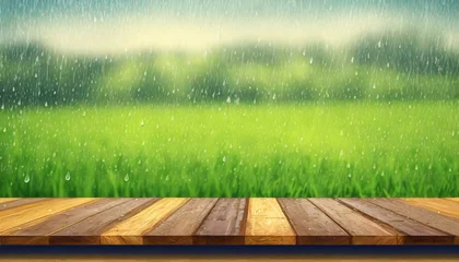Poster Rural Reflections: Perspective Wooden Board with Raindrops and Farm Scene © Rahain