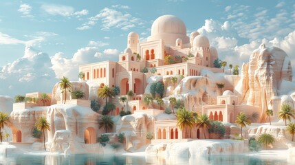 Majestic desert oasis palace with lush greenery. Serene water reflection