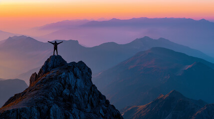 Triumphant Person on Summit at Dusk

