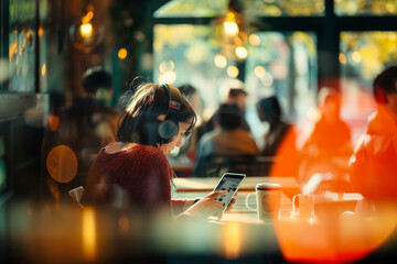 Focused Woman Working in Vibrant Caf&eacute;
