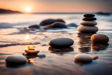 stones on the beach at sunset