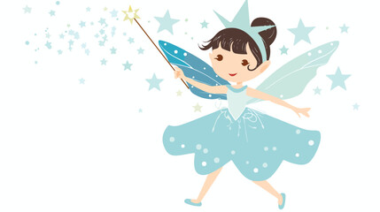 Little fairy in a blue dress with a magic wand flat Vector