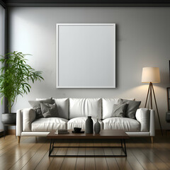 Modern living room interior with white sofa. coffee table and blank poster. Mock up. 3D Rendering
