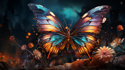 Beautiful fairytale butterfly with transparent wings on shining magical background