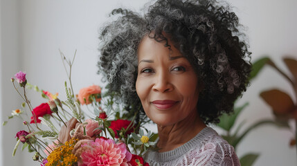 African american middle-aged woman holding flowers