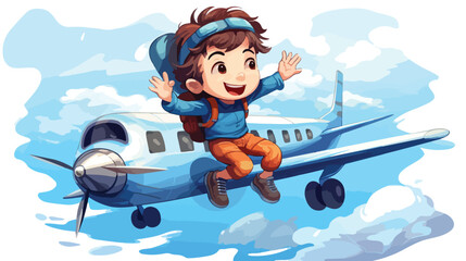 Little kid flying on airplane. Vector illustration 