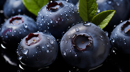 Blueberries in water drops close-up view, berries background