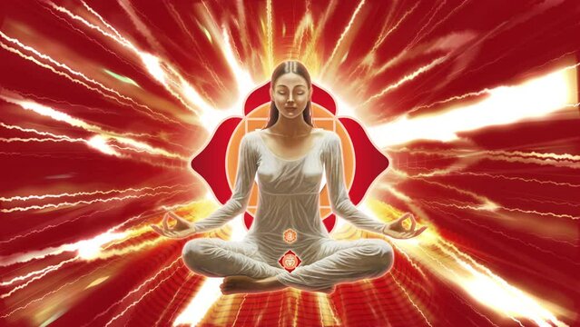Girl Sits in Lotus Position with Chakras on the Background of Muladhara Chakra Animation