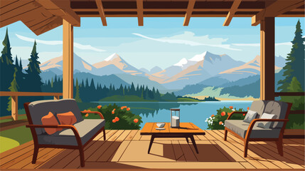 Living room interior and cabin terrace with mountain