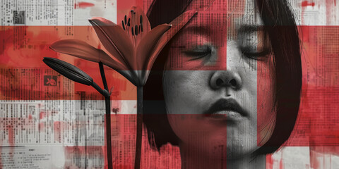 Abstract Floral Woman Portrait with Red Digital Background