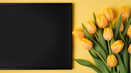 Elegant bouquet of yellow tulips beside a blank blackboard on a vibrant yellow background
